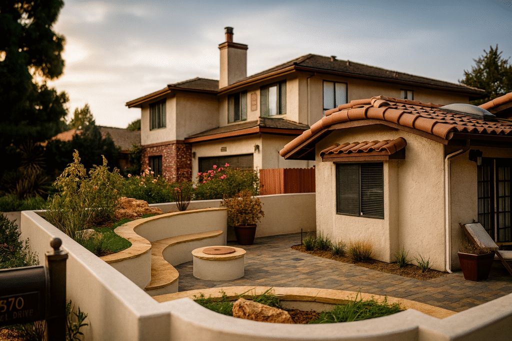 Front yard hardscape design featuring curved seating walls, a circular fire feature, drought-tolerant planting, and a paver patio in a Mediterranean-style residential setting.