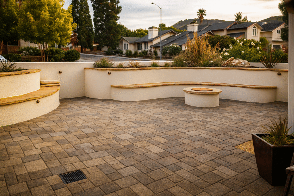 Elegant front yard paver patio featuring curved built-in seating, a round fire feature, and drought-tolerant landscaping with stucco planters.