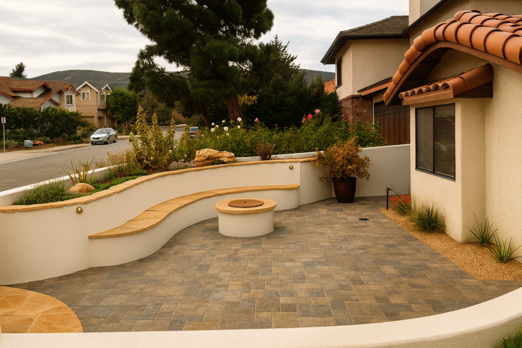 Curved front yard patio with built-in seating, gas fire feature, stucco planter wall, and drought-tolerant landscaping in a suburban setting.