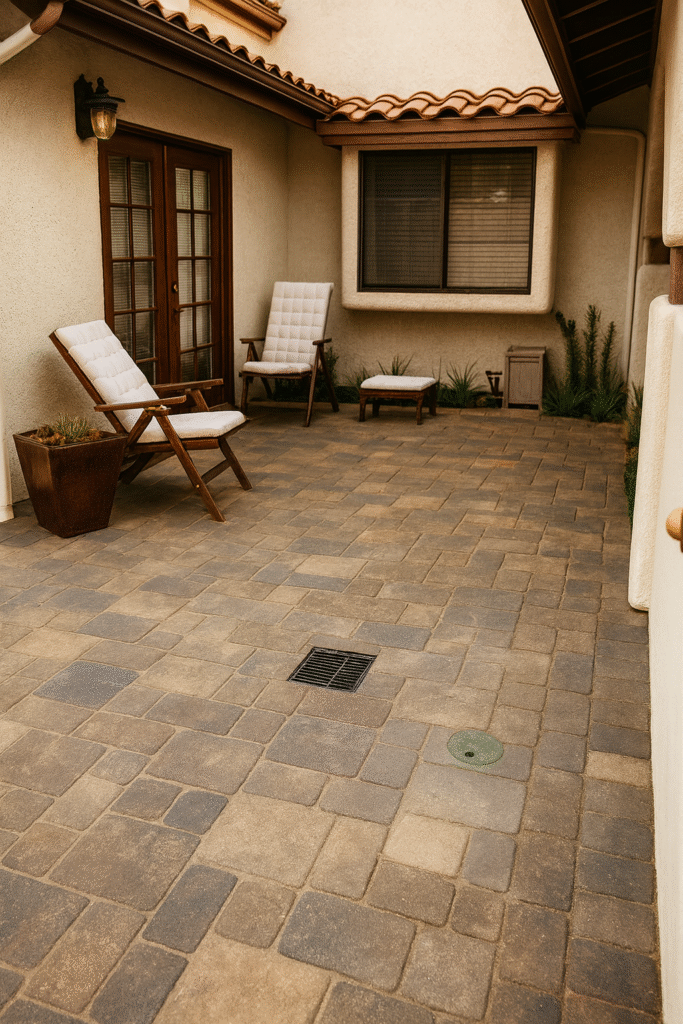 Private courtyard with paver patio, modern wood-framed lounge chairs, French doors, and drought-tolerant landscaping.