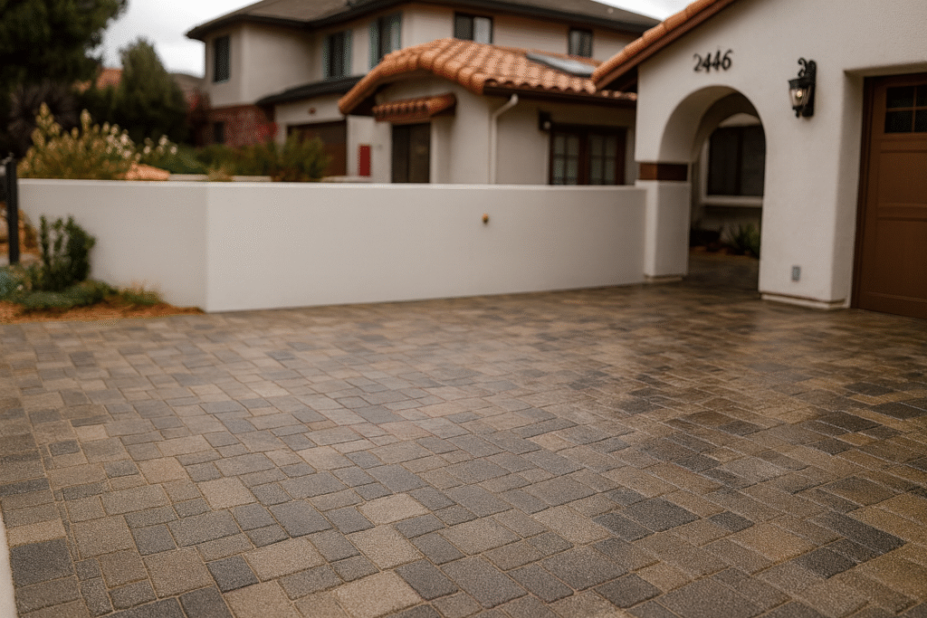 Freshly installed paver driveway with warm neutral tones, framed by clean stucco walls and drought-tolerant landscaping in front of a modern home.