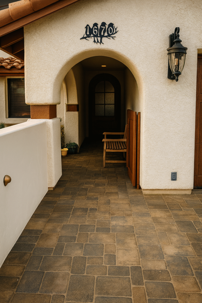Arched stucco entryway with warm-toned paver walkway leading to a wooden bench and front door, framed by clean landscaping and modern light fixtures.