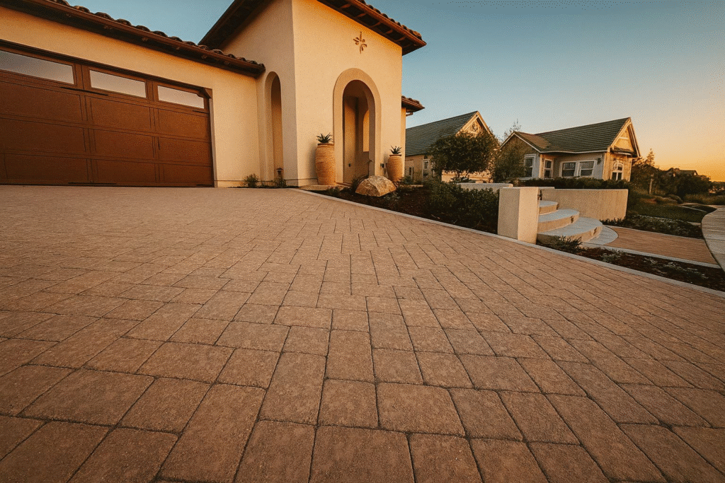 Front entryway with paver walkway and large clay planters designed by AAA Landscaping in Arroyo Grande, California